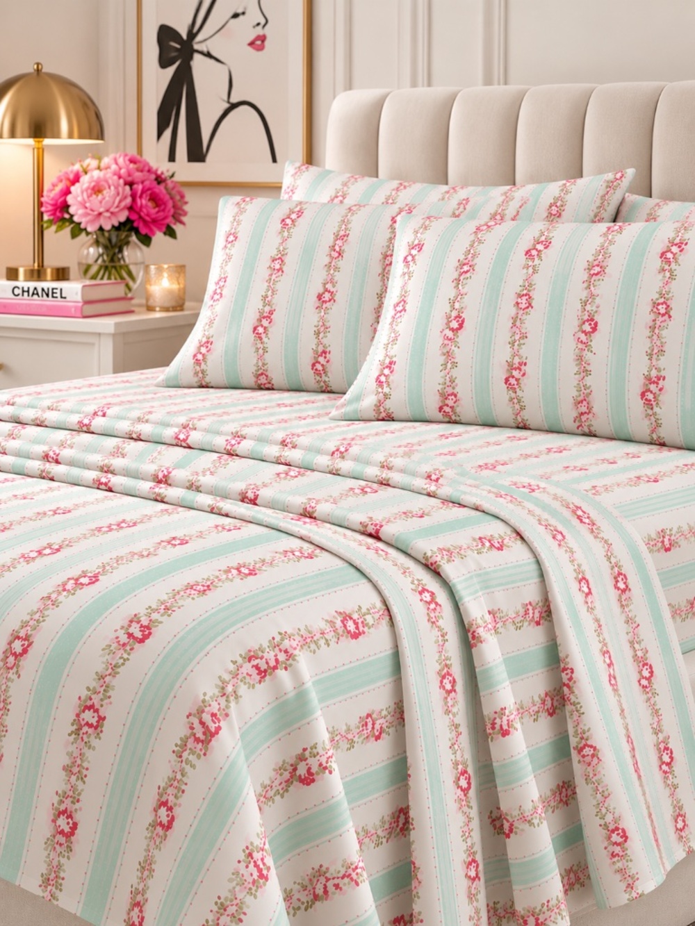 Betsey Johnson Romance Stripe Queen 6pc Sheet Set Mint Pink Rose Floral NWT